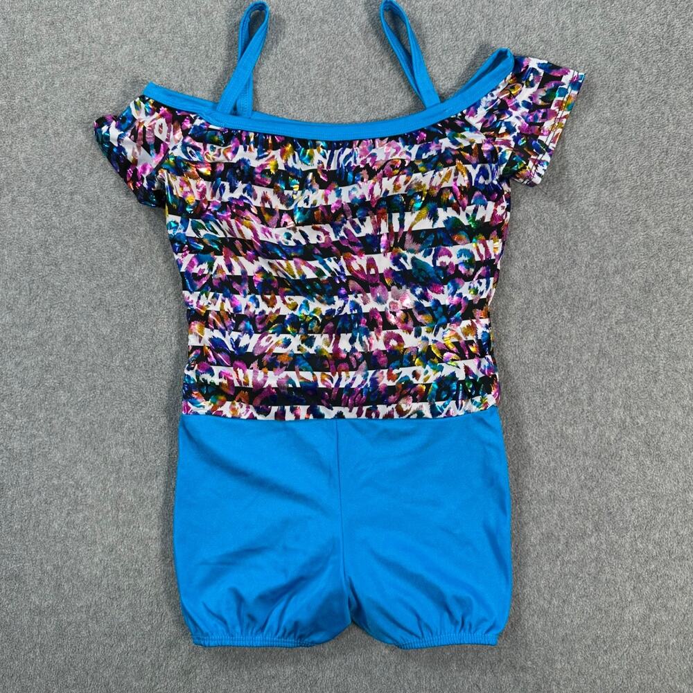 Dansco Dance Costume Jumpsuit Size LC Animal Print Blue Metallic Shorts